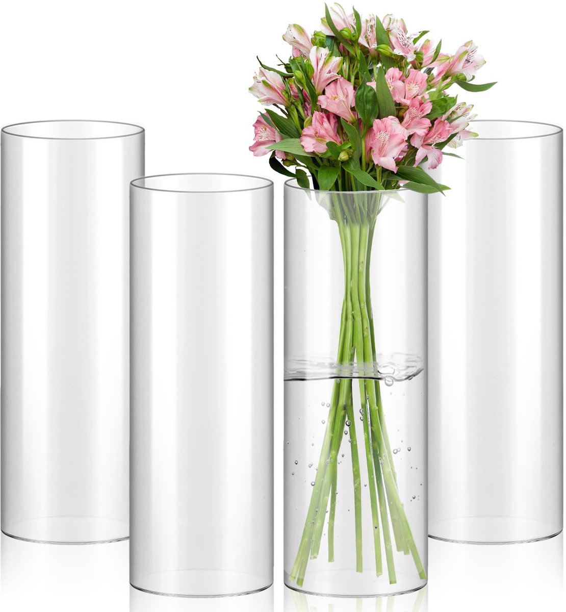 IMPERATORIS® Glazen Vazen / Glazen Flessen – Mini Decoratieve Vaas Flesjes – Helder Glas – Inclusief Strik – 4 Stuks – 10 x 10 x 30 cm – Transparant