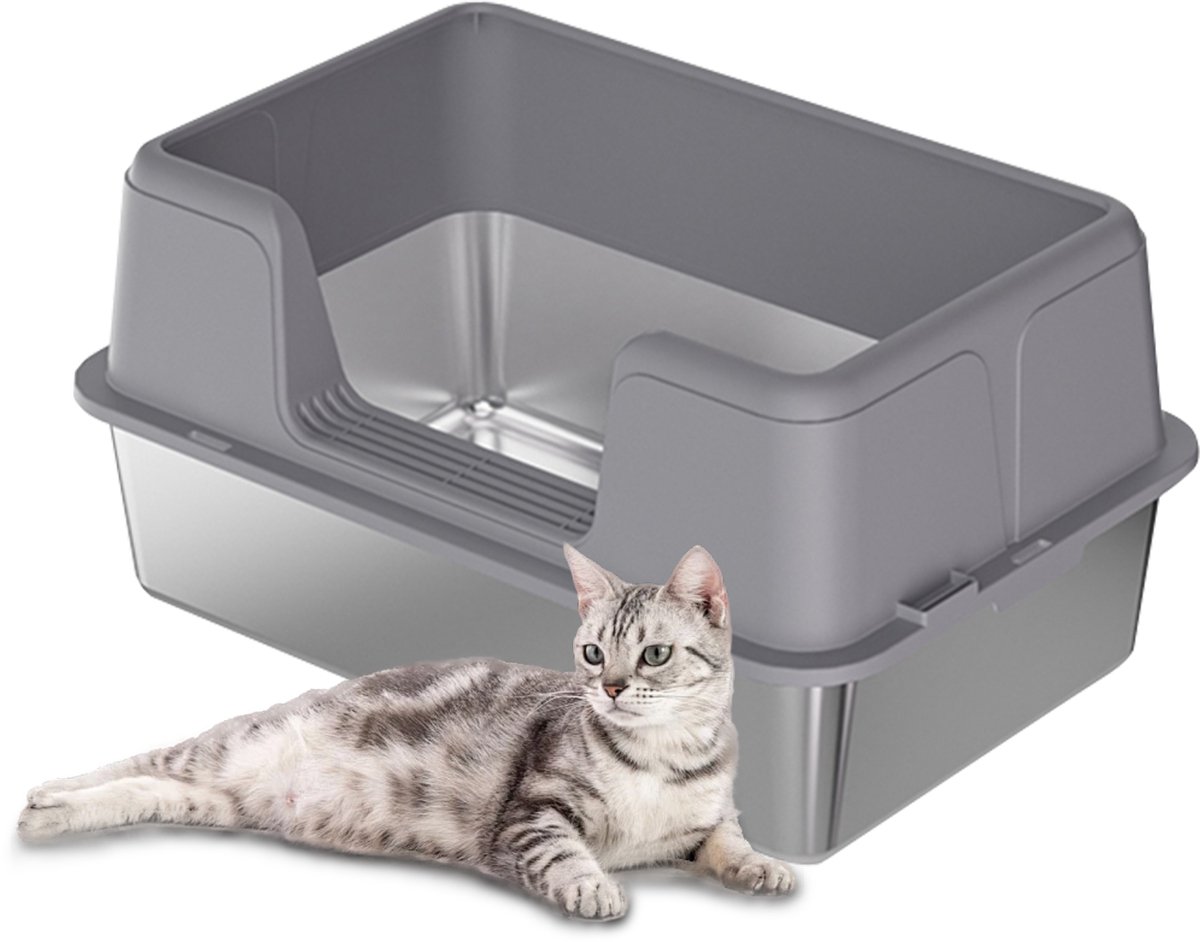 RVS kattenbak – Extra grote metalen kattenbak met hoge randen – geurcontrole – antislip pootjes & schepje – makkelijk te reinigen – 50x35x28 cm – Grijs RVS kattenbak – Extra grote metalen kattenbak met hoge randen – geurcontrole – antislip pootjes & schepje – makkelijk te reinigen – 50x35x28 cm – Grijs