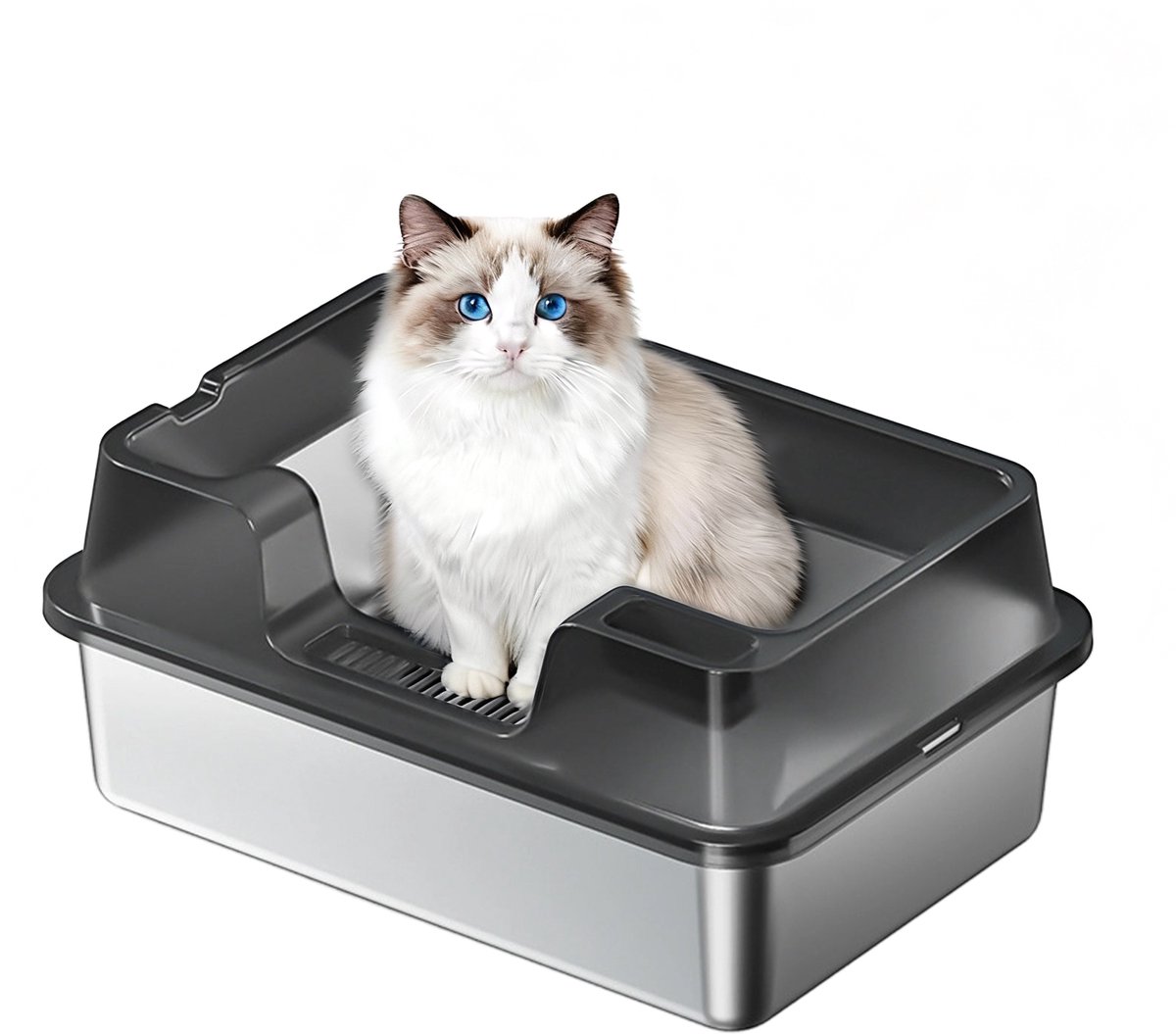 RVS Kattenbak - Kattentoilet Roestvrijstaal - Open Kattenbak - Incl. Kattenbakschep met Houder en Gritopvang Opstapje - 60x35x22cm - Zwart