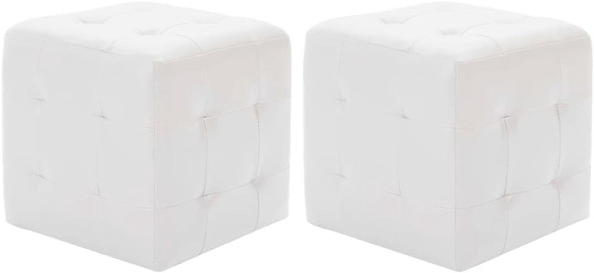 2x Trendy Poufs in Witte Kunstleder - Comfortabele Hocker en Voetensteunen