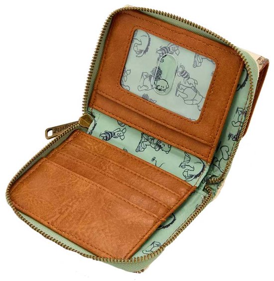 Open portemonnee met bruine leren vakken en een mintgroene voering met een Winnie the Pooh print.