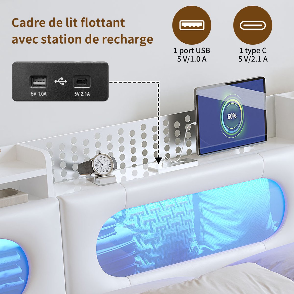 Gasveerbed 160x200 cm met LED-hoofdbord, USB en Type-C, opbergvak en opbergruimte onder het bed thumbnail 3