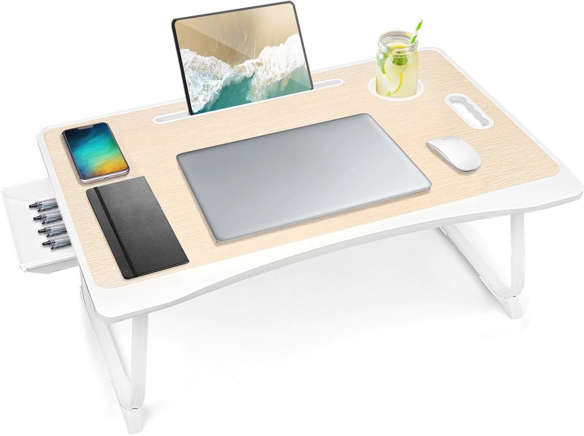 Opvouwbaar Laptop Bureau met Opberglade en Bekerhouder - Ideaal voor Ontbijt op Bed