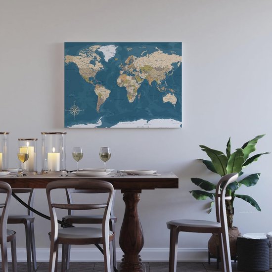 Hoogwaardige canvas wereldkaart met kurk prikbord 90x60cm