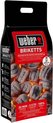 Zwarte Weber briketten zak met afbeelding van gloeiende kolen. "Weber BRIQUETTES" tekst en "20 MIN | 3 STD | 100% NATUURLIJK".