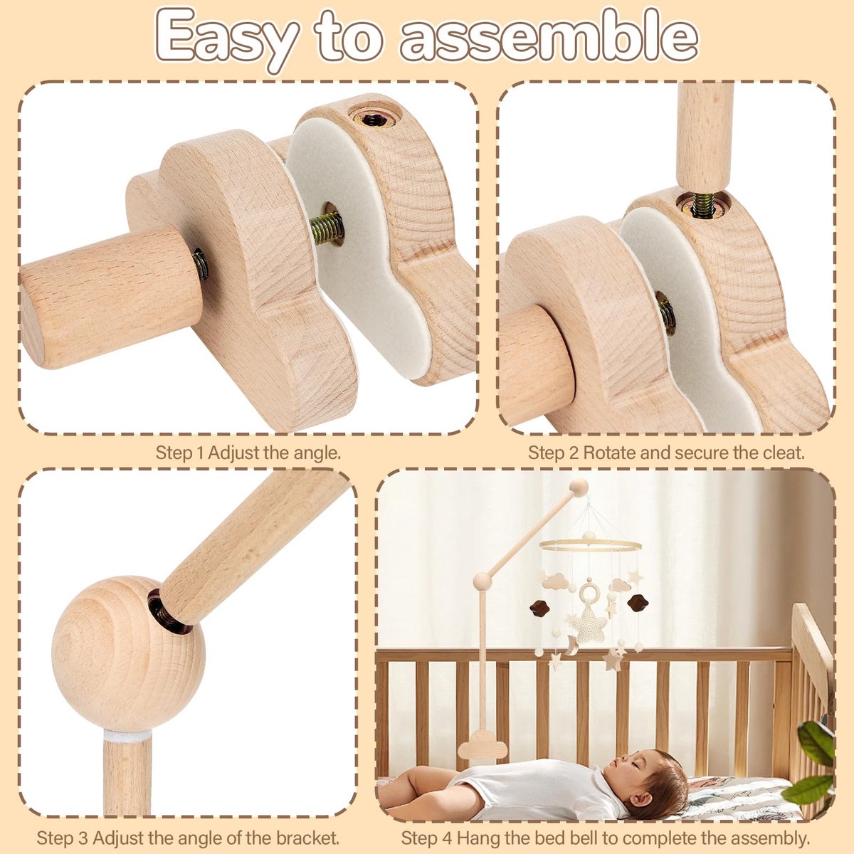 Houten mobielhouder voor babybed - Verstelbare baby mobiel standaard - Voor windgongen, bedbellen en babyspeelgoed - Aanpasbaar voor kinderkamer en commode - Houtkleur – foto 3
