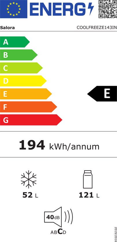 Salora COOLFREEZE143IN, 173 L, N-ST, 40 dB, 2,6 kg/24h, E, Acier inoxydable