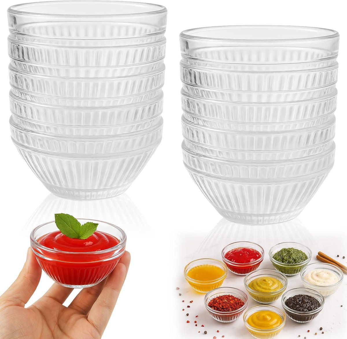10 Kleine Glazen Schalen Bulk 7.5cm, 75 ml Kleine Glas Kommen voor Dipschalen, Snacks, Toppings, Kruiden, Hapjes, Stapelbaar, Vaatwasmachinebestend