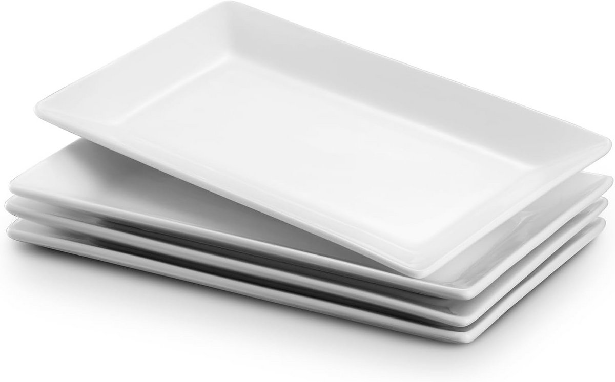 Rechthoekige Witte Borden Set van 4 - 24,6 cm - Vaatwasmachinebestendig Servies voor Voorgerechten, Hoofdgerechten en Desserts