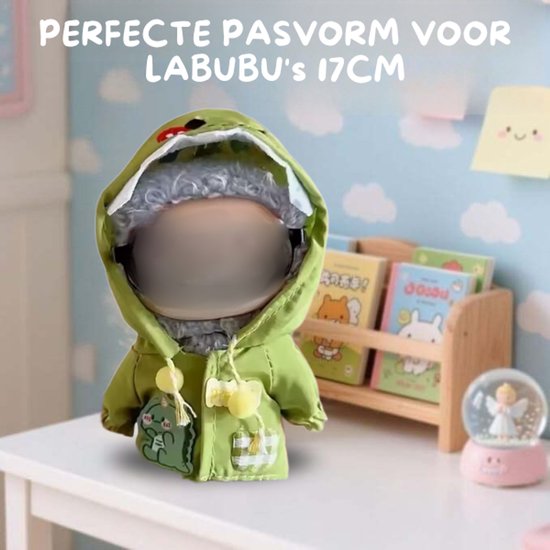 Groene Poppenkleding - Met Dinoregenjas - Cute & Stoer Geschikt voor Labubu van Merkloos — afbeelding 4