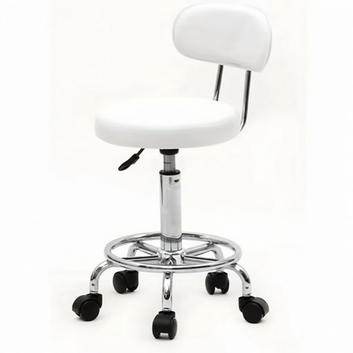 Professionele Salon Kruk Wit met Rugleuning – In Hoogte Verstelbare Werkkruk (48–58 cm) – 360° Draaibaar – PU Zitvlak met Wielen – Voor Beauty, Massage & Nagelstudio