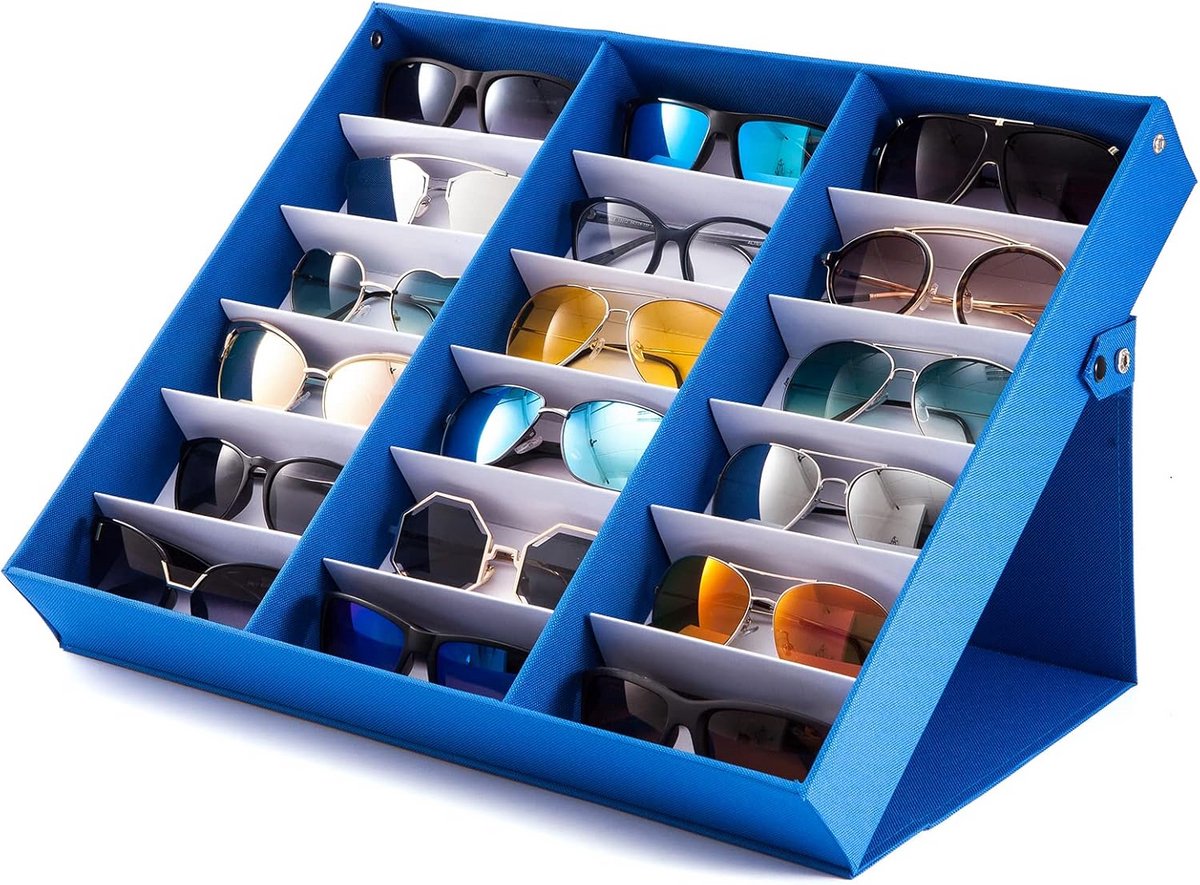 Glazen Organizer met 6 Slots - Opbergbak voor Brillen en Zonnebrillen (Donkerblauw, 18 Slots)