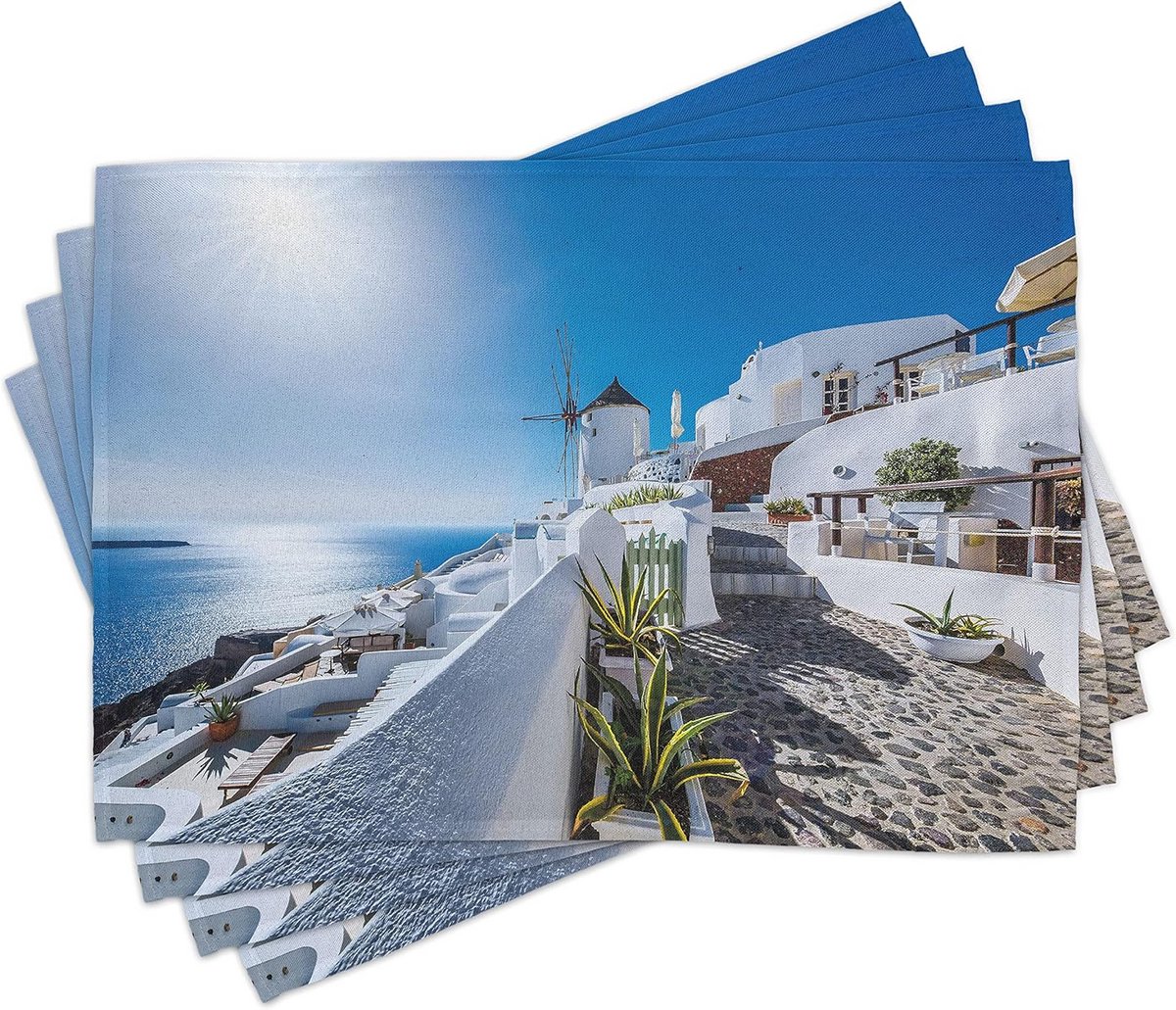 Set van 4 Wasbare Stoffen Placemats - Grieks Eiland Dorp Thema - Blauw Wit Decoratie