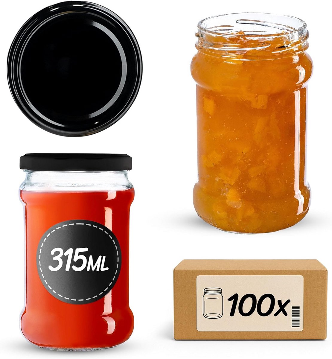 100 Kleine Inmaakpotten 315 ml met Luchtdichte Zwarte Schroefdeksels