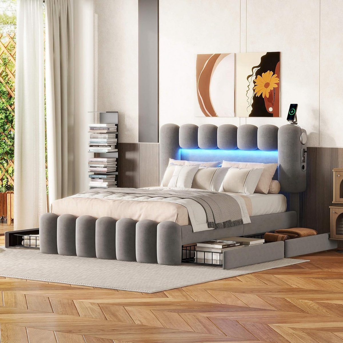 Gestoffeerd Tweepersoonsbed met Opbergruimte en Verstelbaar Hoofdeinde 140x200 cm Grijs Fluweel