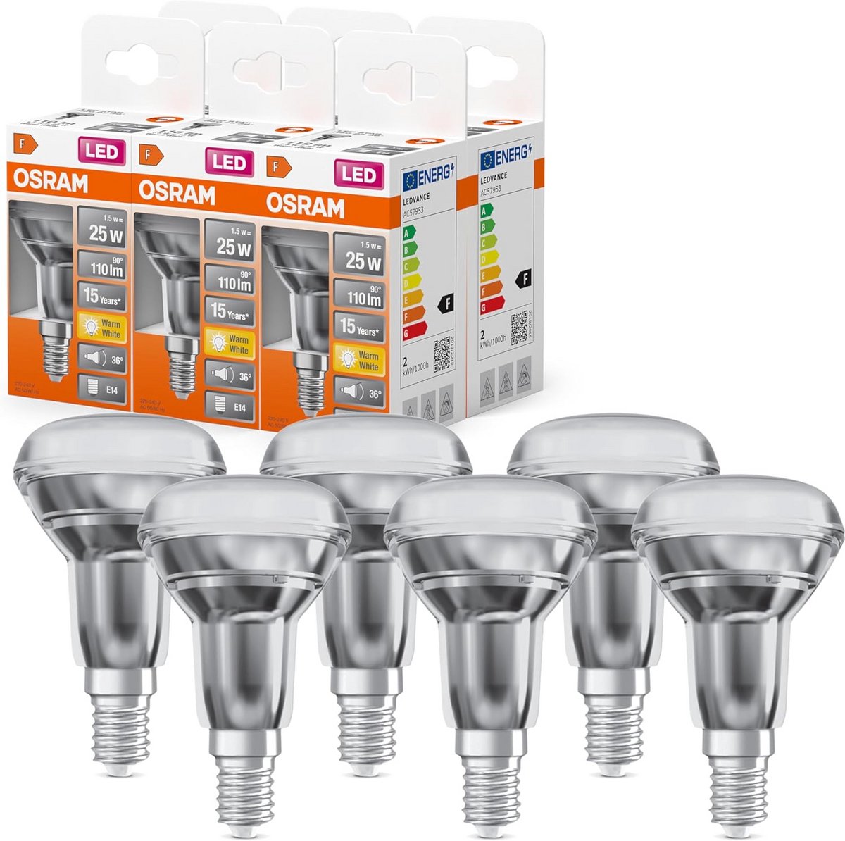 6x LED Reflectorlamp E14 R50 4W Warm Wit (2700K) Vervanger 25W Gloeilamp