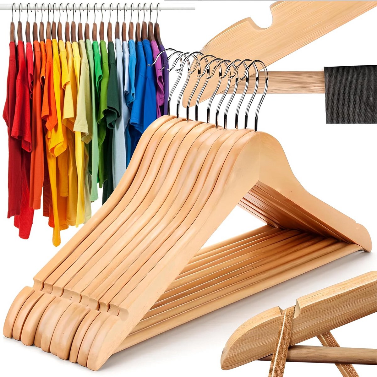 Set van 10 Universele Houten Kledinghangers met 360° Draaibare Haak