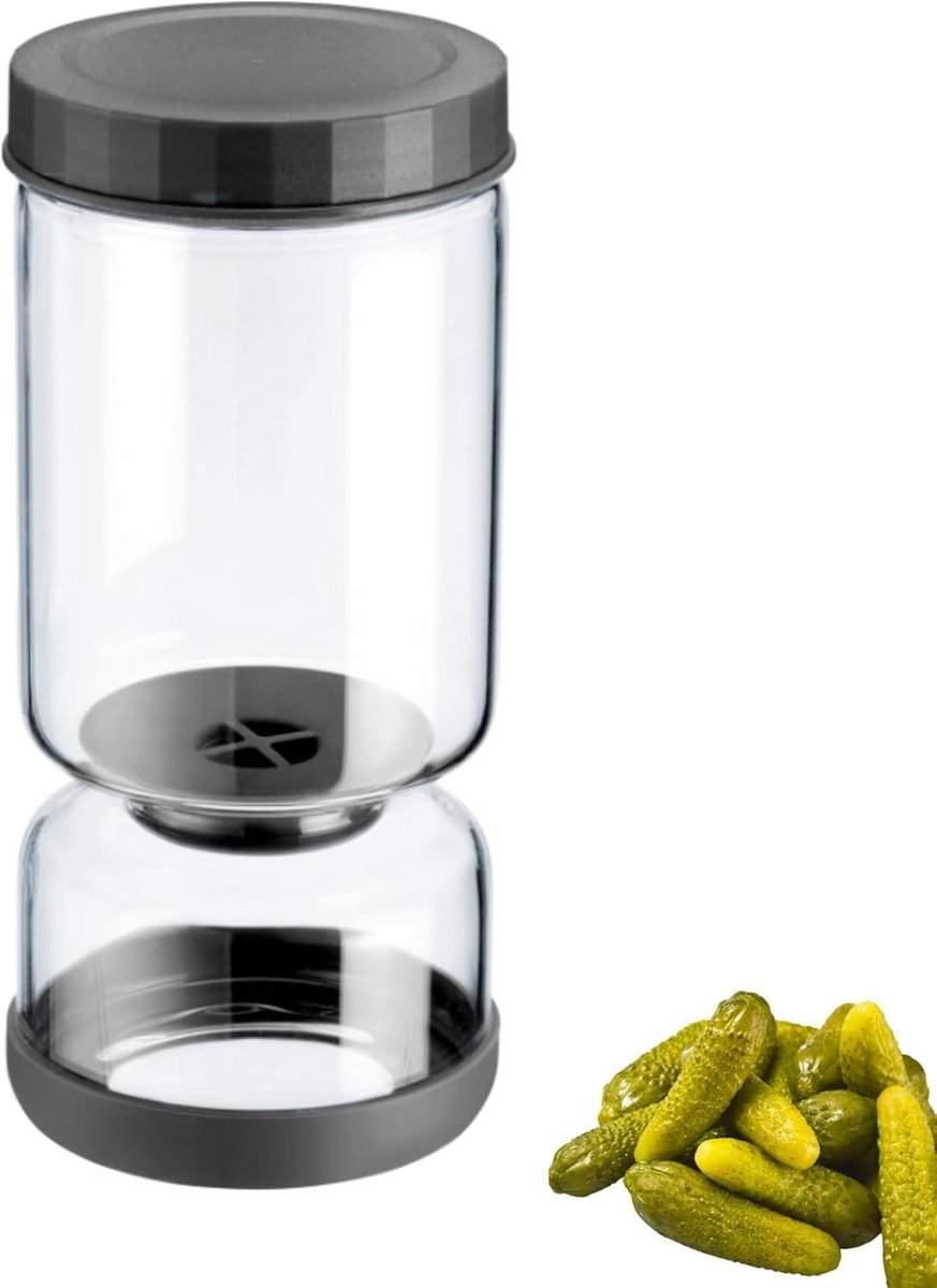 Afdruipglas met Zeef 1300 ml – Tweekamer Pot voor Kimchi, Olijven en Ingelegd Voedsel