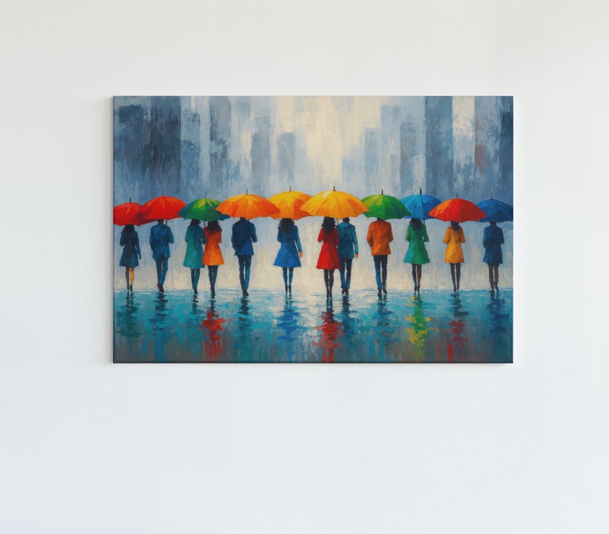 Trendex Global Canvas Schilderij - Kunst - Gekleurde paraplu's in de regen - Wanddecoratie - Woonkamer - Slaapkamer - 60x40 cm Kleurrijk