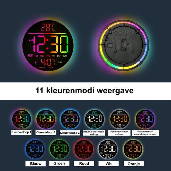 Digital LED Wall Clock Large Modern 3D 38 cm Silent Snooze Dimmable Cycle Six Colours Time Memory 12/24 Hours Date Temperature Stopwatch Bedroom Kitchen Office (Color