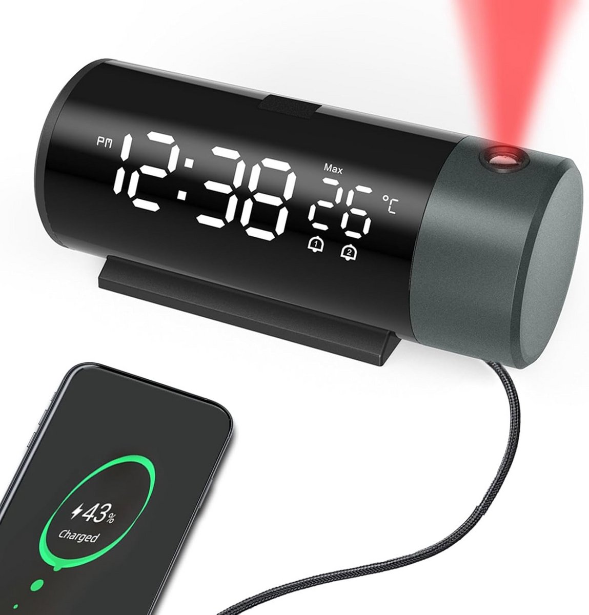 Digitale Projectie Wekker met Snooze, USB Oplaadpoort en Temperatuurweergave