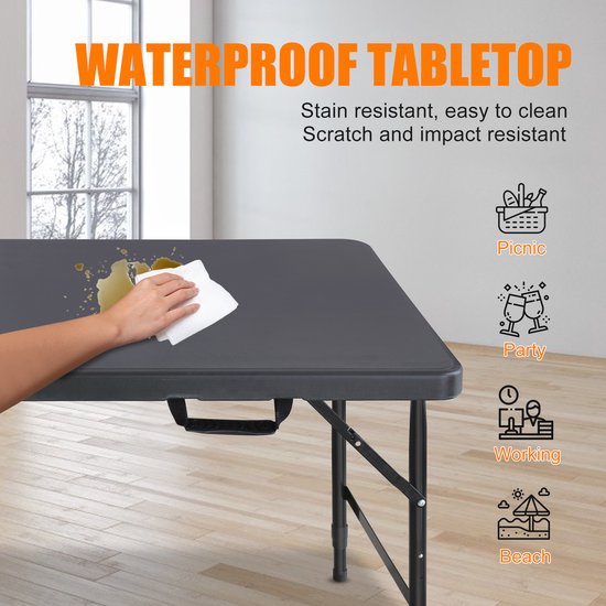 Campingtafels 125 cm - Inklapbaar Met Handgreep En Verstelbare Hoogte - Multifunctioneel - Kunststof - Zwart — afbeelding 2