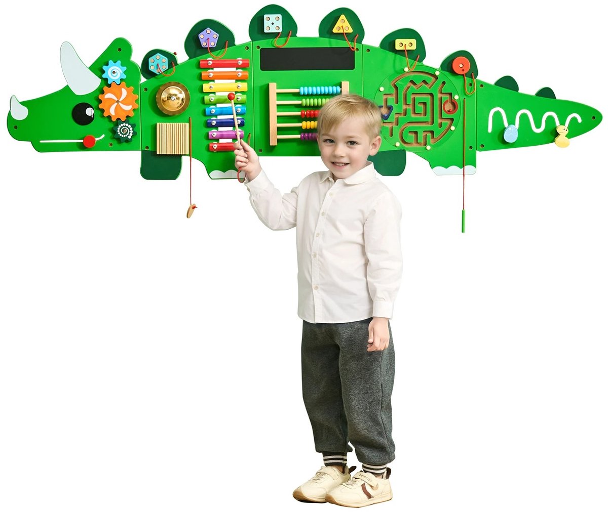 ROOTY Montessori speelgoed - Busy board - Busy board montessori - Wandspeelbord - Leeftijd 3-12 jaar - Dinosaur - 11 interactieve spellen - Groen