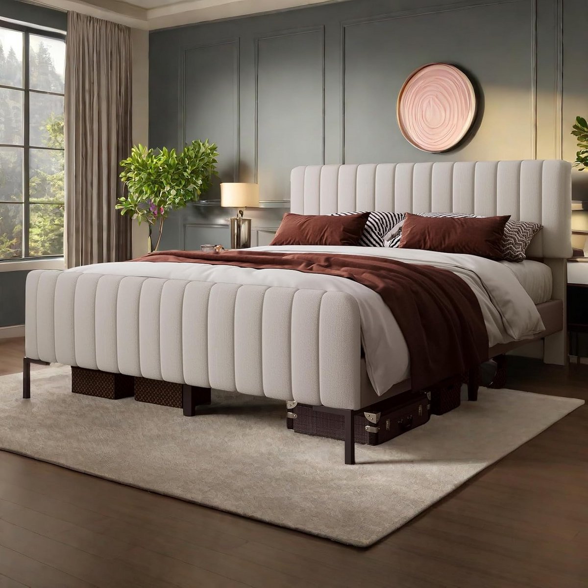 Tweepersoonsbed 180x200 cm met Verstelbaar Hoofdeinde en Lattenbodem | Gestoffeerd Bedframe Grijsbeige