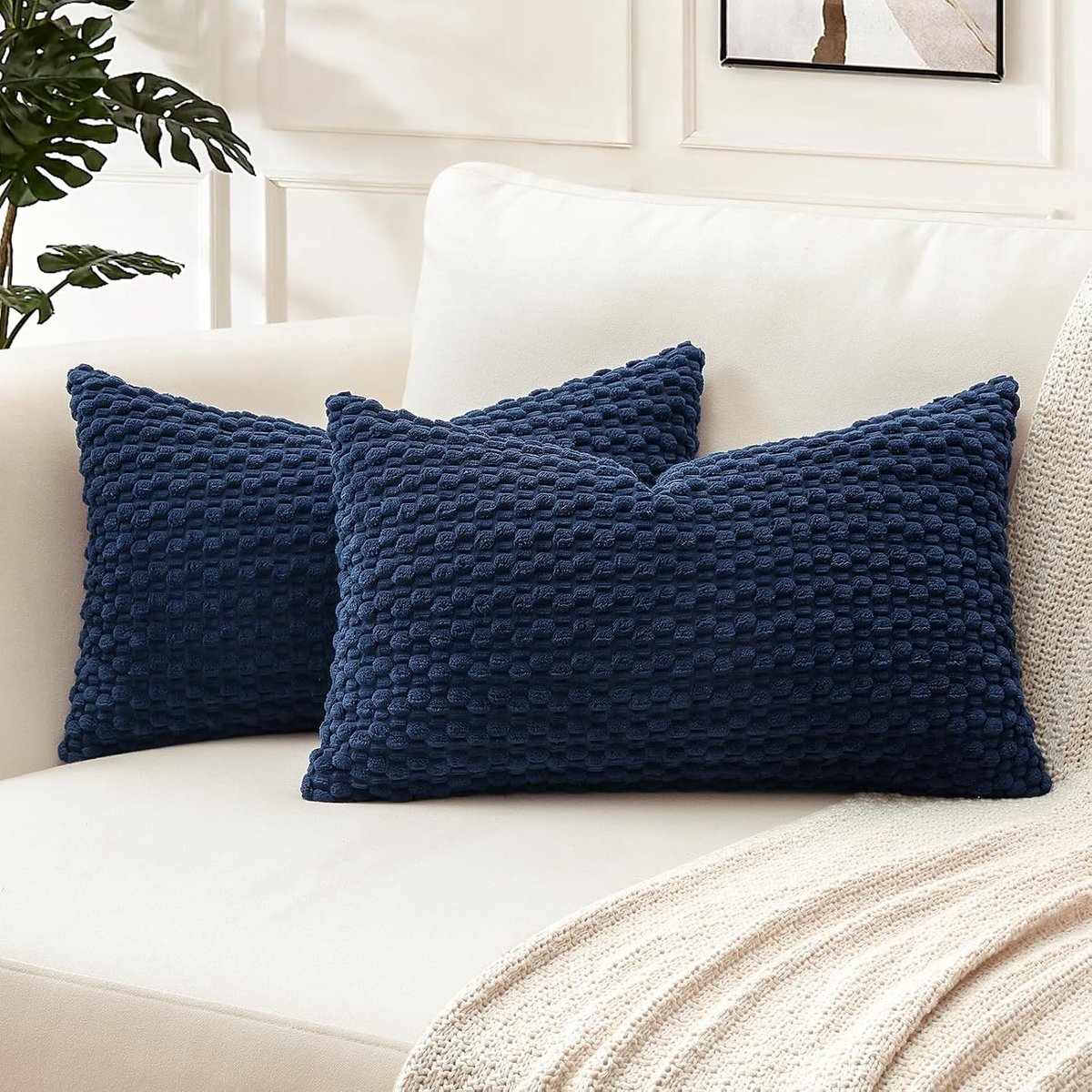 Famanu Corduroy kussenhoezen 30x50 cm donkerblauw set 2, geometrisch bubbel patroon, moderne sierkussens voor woonkamer