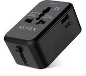 RYNEX Universele Wereldstekker- Reisstekker - USB stekker - USB-C en USB Poort - Wereldstekker Universeel voor 150+ landens - Zwart