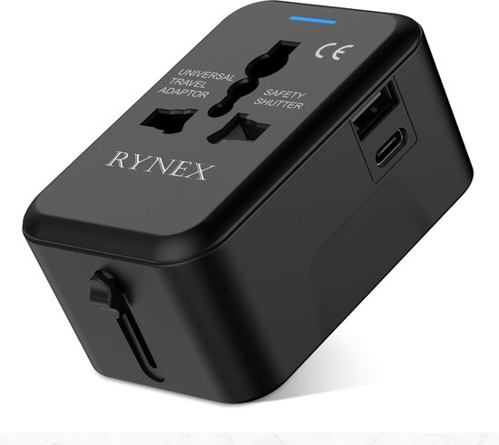 RYNEX Universele Wereldstekker- Reisstekker - USB stekker - USB-C en USB Poort - Wereldstekker Universeel voor 150+ landens - Zwart