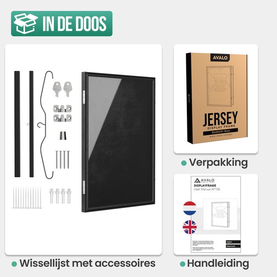 Inhoud van de doos: zwarte wissellijst, ophanghaken, schroeven, pluggen en sleutels.