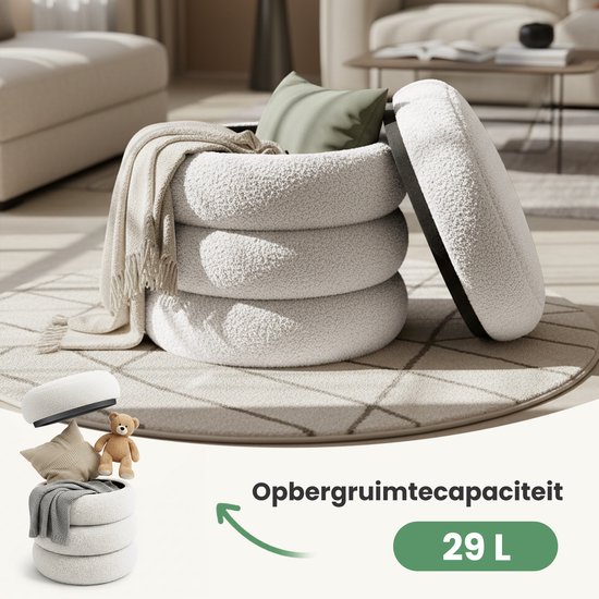 Een stapel witte teddy poefs met plaid en teddybeer, met tekst 'Opbergruimtecapaciteit 29 L'.
