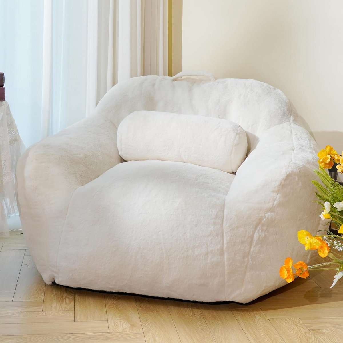 Oversized Foam Bean Bag Stoel met Kussen - Beige Pluche Vloerbank met Ergonomische Ondersteuning voor Volwassenen