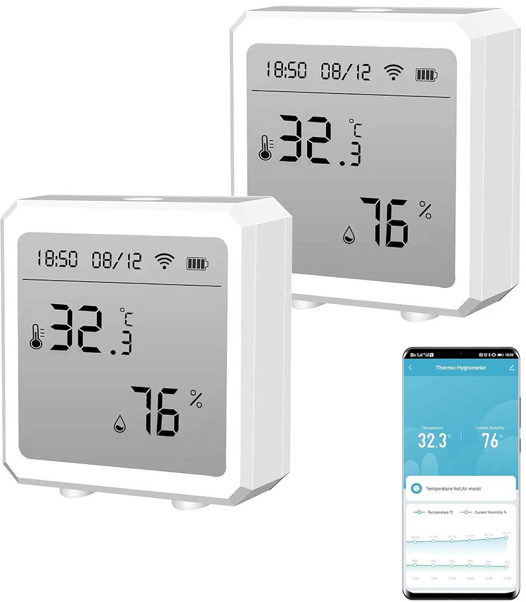 Draadloze WiFi Temperatuur en Vochtigheidssensor met App Meldingen