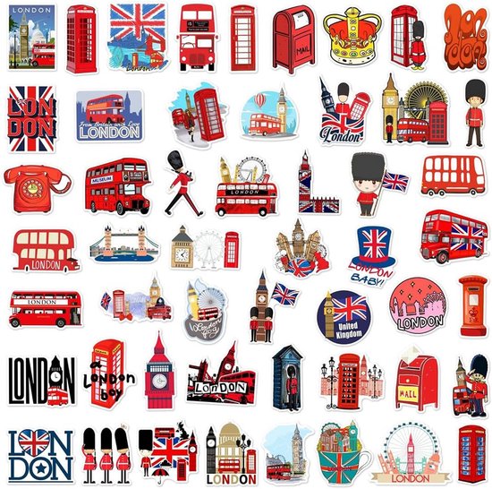 Collection d'autocollants de Londres : bus rouges, cabines téléphoniques, gardes, Union Jacks, Big Ben, taxis londoniens et le mot "LONDON".