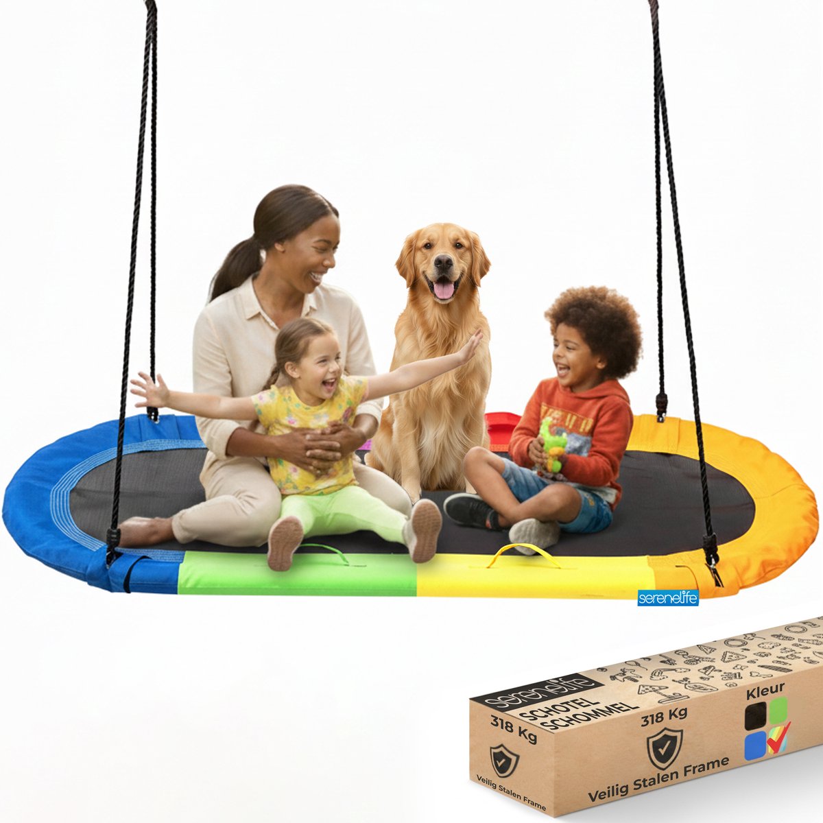 SereneLife Ovale Schommel van 170 cm – Grote Buitenschommel met Universele Ophangset, Draagtas & Draaiend Zitvlak – Weerbestendig, Waterafstotend, Tot 317 kg Draagvermogen – Zwart