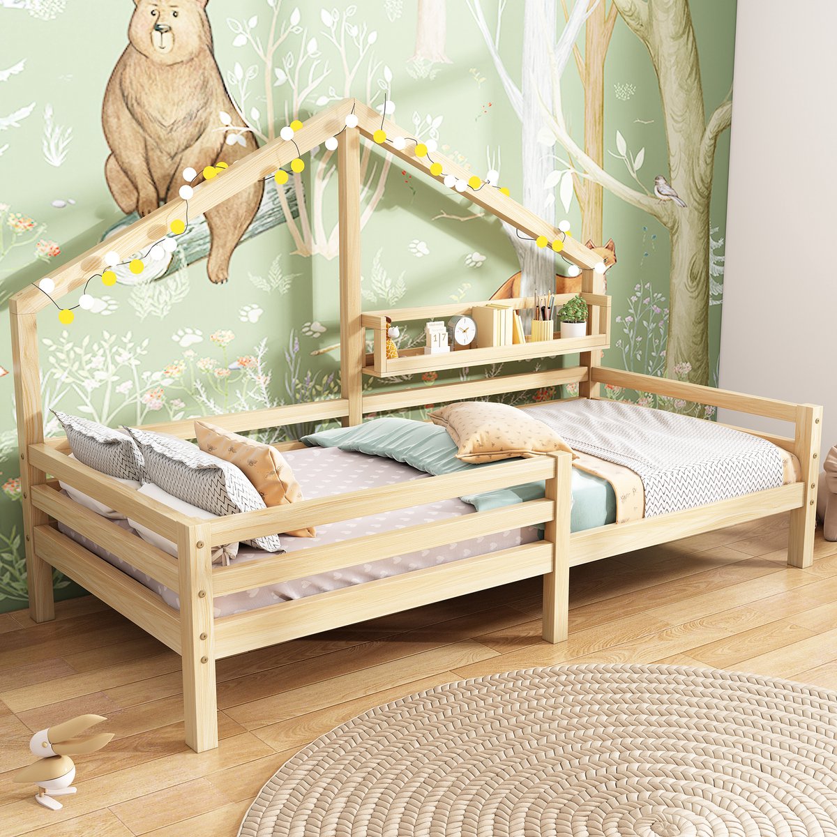 STILVORA Kinderbed 90x200 cm – Huisbed Met Boekenplank & Opbergruimte – Veiligheidshek & Wisselbaar Voordek – Grenen – Naturel – Zonder matras