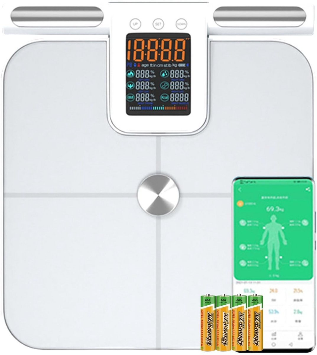 Slimme Personenweegschaal met Handgreep - Lichaamsvet Analyse, 8 Sensoren & App Functies