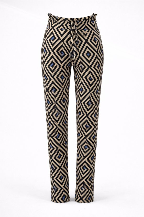 Angelle Milan - Pantalon décontracté - Beige à carreaux - Avec cordon à la taille - Tissu de voyage - En taille L - Disponible en 5 tailles