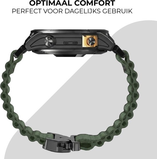 Zijkant van een zwart Garmin horloge met groen, geribbeld nylon bandje en gesp.