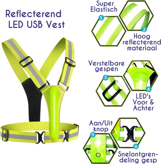 Gedetailleerde afbeelding van een reflecterend LED USB hardloopvest in groen, met 6 kenmerken.