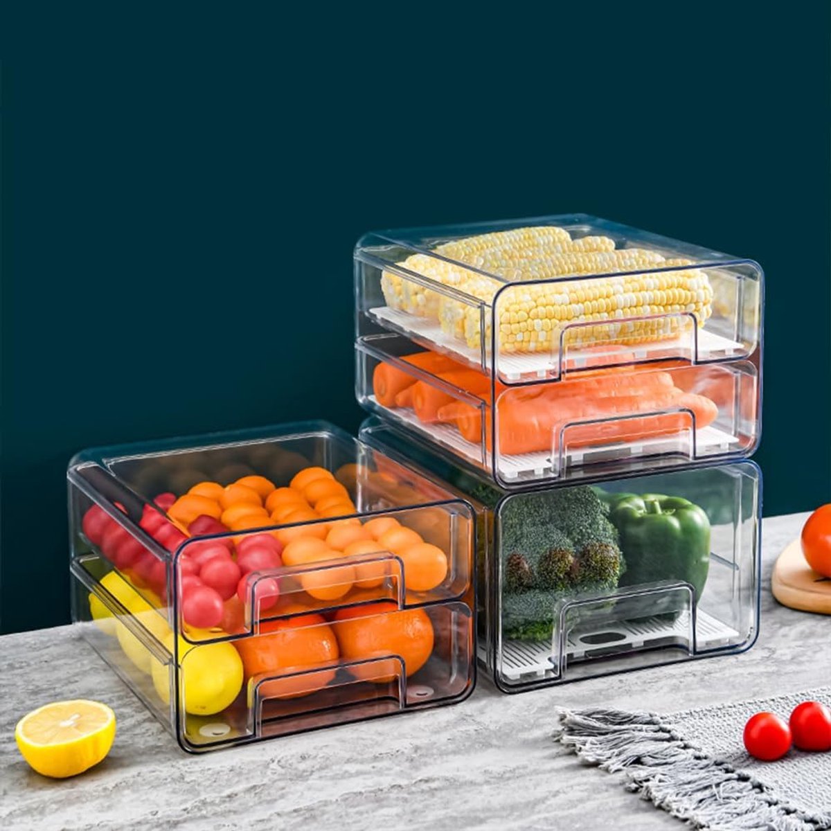 Candala set koelkastorganizer, lade, met handgrepen, geschikt voor levensmiddelen en ruimtebesparend voor groenten, kaas, snacks – hygiënische opbergoplossing voor gezinnen en professionals.