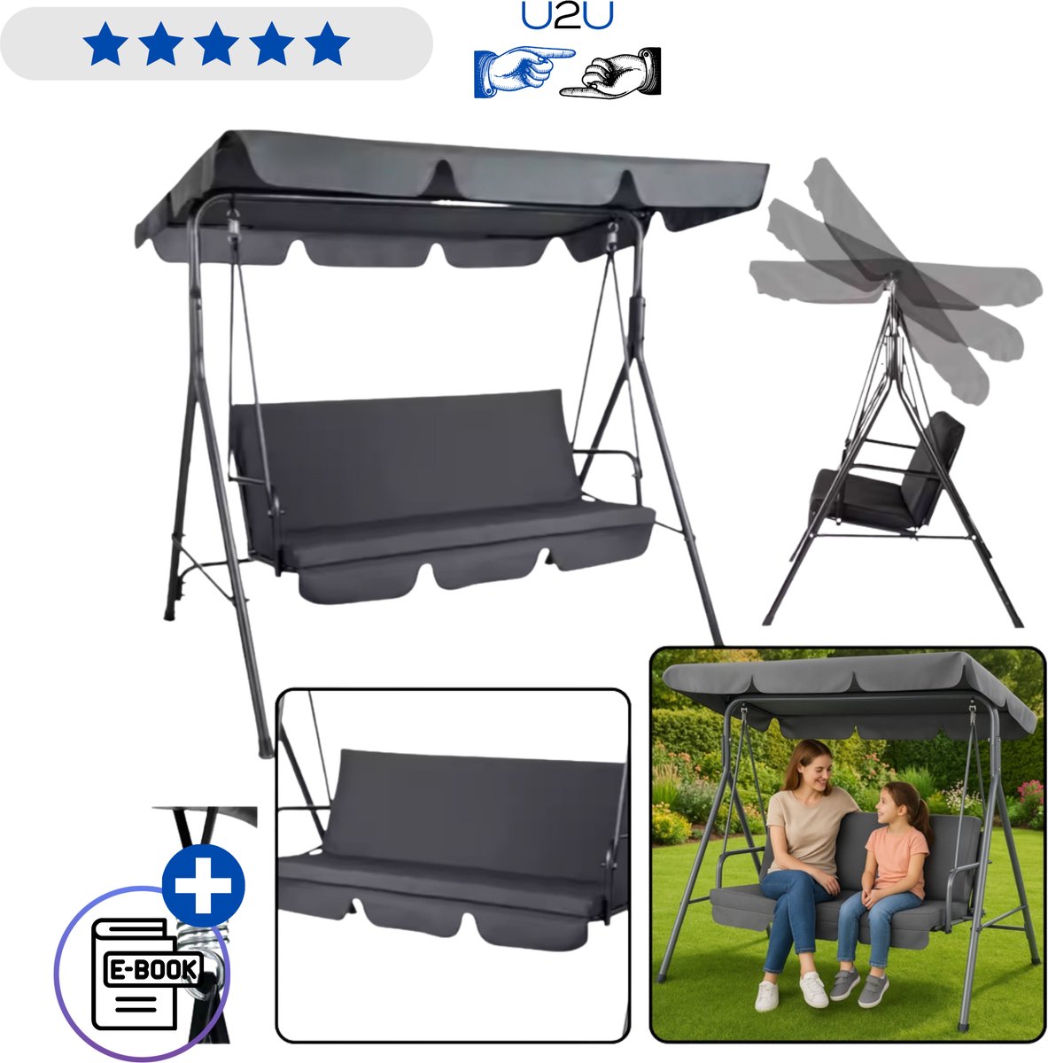 LEAN Driepersoons Tuinschommel met Ligfunctie en Dak Grijs – Luxe Schommelbank met Dik Matras en Kussens, Vrijstaand Stalen Frame, Rocking Lounger voor Tuin Terras en Balkon, Comfortabel Zitten en Liggen Buiten voor 3 Personen Met Ebook