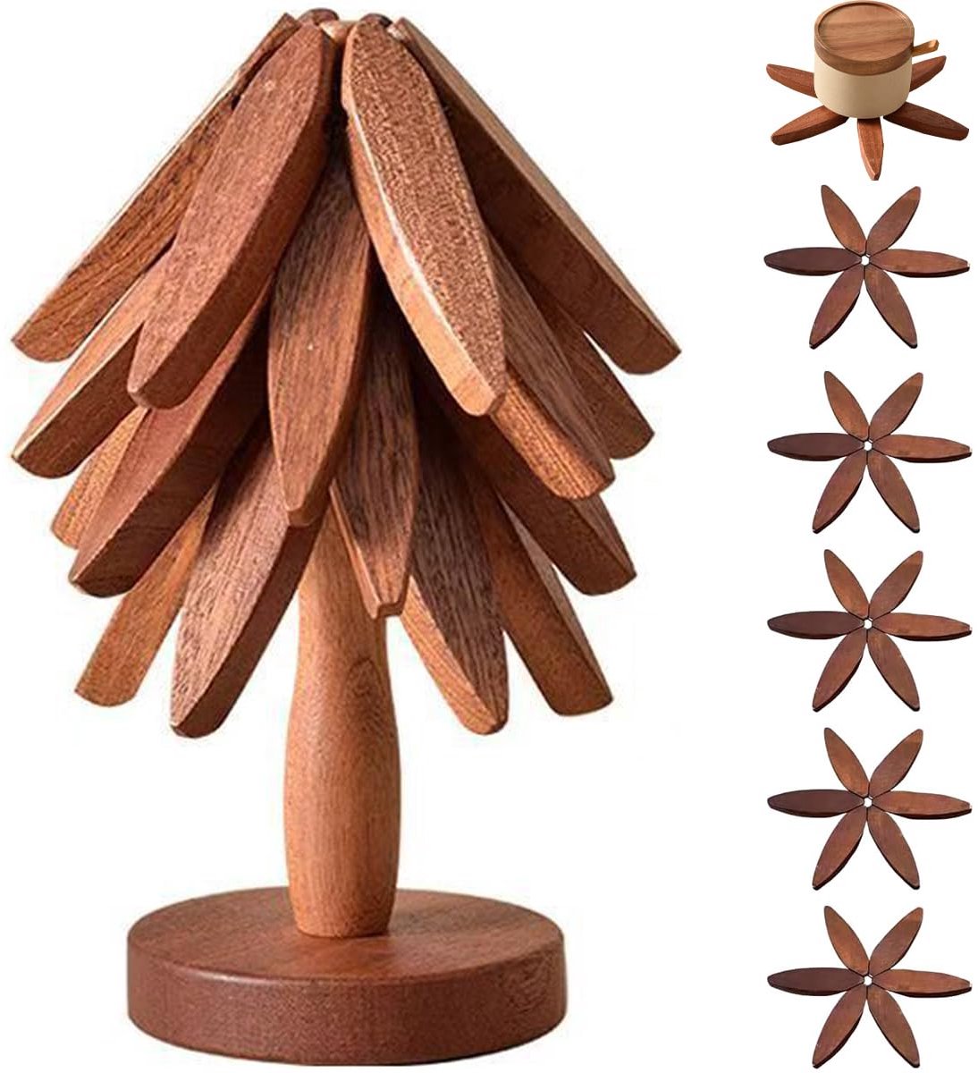 Houten onderzetters voor warme gerechten - Kerstboomonderzettersset - 5 houten onderzetters & 1 standaard in de vorm van een kerstboom - voor hete gerechten - Pot - Kom - Theepot - Hot Pot Set