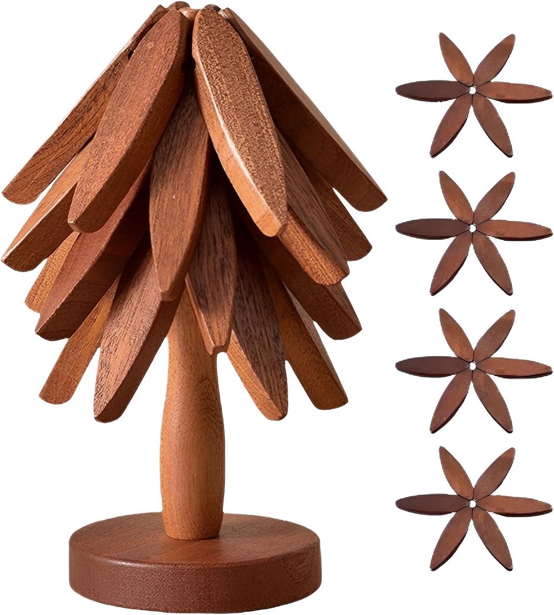 Houten onderzetters voor warme gerechten - Kerstboomonderzettersset - 4 houten onderzetters & 1 standaard in de vorm van een kerstboom - voor hete gerechten - Pot - Kom - Theepot - Hot Pot Set