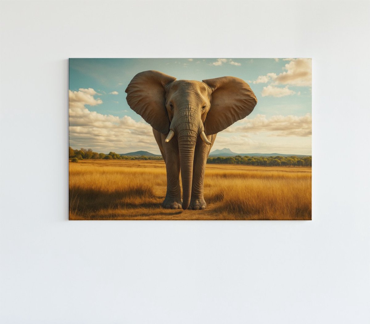 Trendex Global Canvas Schilderij - Olifant op Savanne - Dieren Wall Art - 90x60 cm Bruin