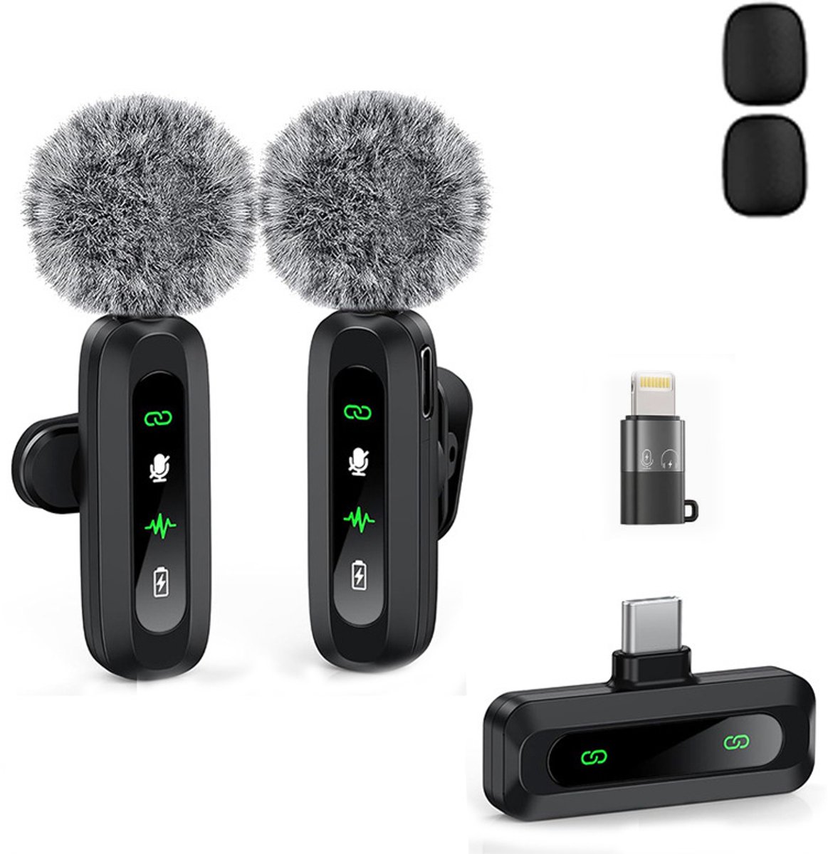 Draadloze microfoon Pro - Tweedelige set - Lavalierclip - Windschermclip - Dasclip - Lange batterij - Type-C/Lightning - Plug and Play