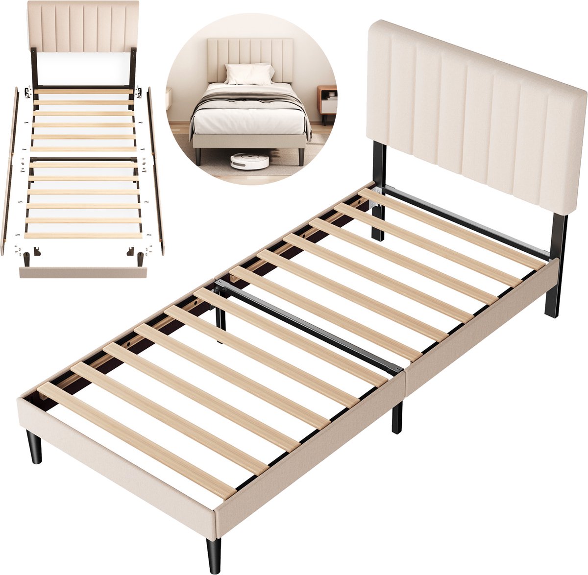 KUTAS Metalen Bedframe - Gestoffeerd bed - 90x200 CM - Met Hoogte Verstelbaar Hoofdeinde - Met Lattenbodem - Eenpersoonsbed - Opbergruimte Onder Het Bed -Stevig - Stil - Grijs Beige