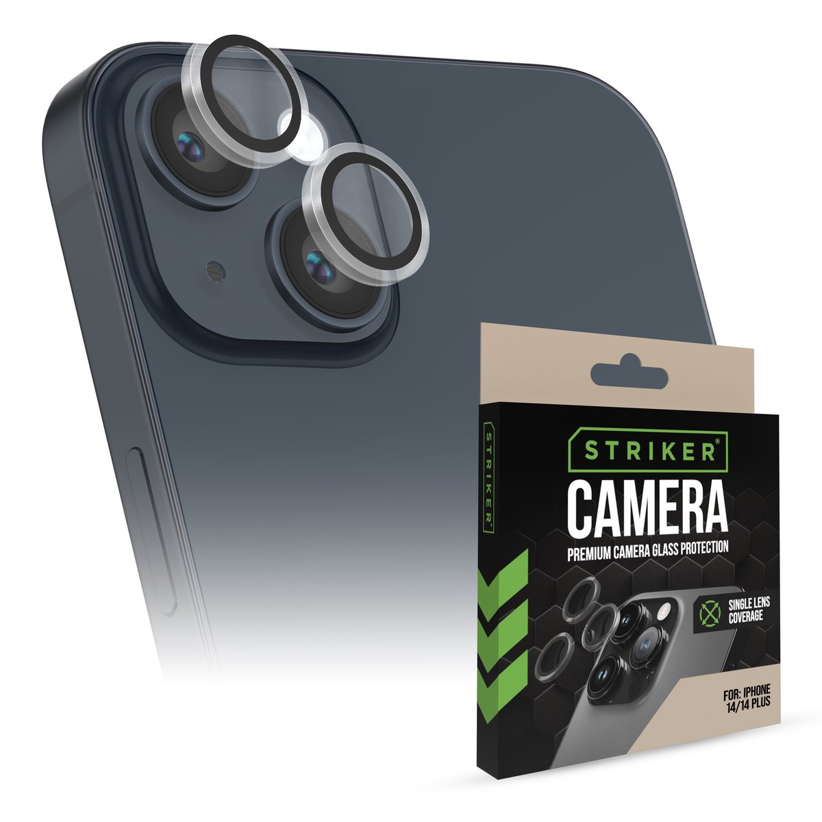 Striker Screenprotector geschikt voor Apple iPhone 14 Plus Glazen | Striker Single Lens Camera Lens Protector - Case Friendly - Zwart